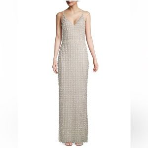 Max Duggal heavy beaded column gown in nude silver